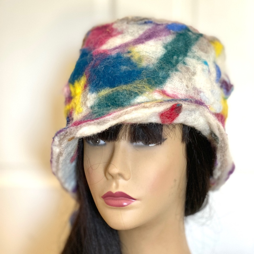 Felted bucket hat mad Hatter colorful knit cap top hat handmade pom pom wizard